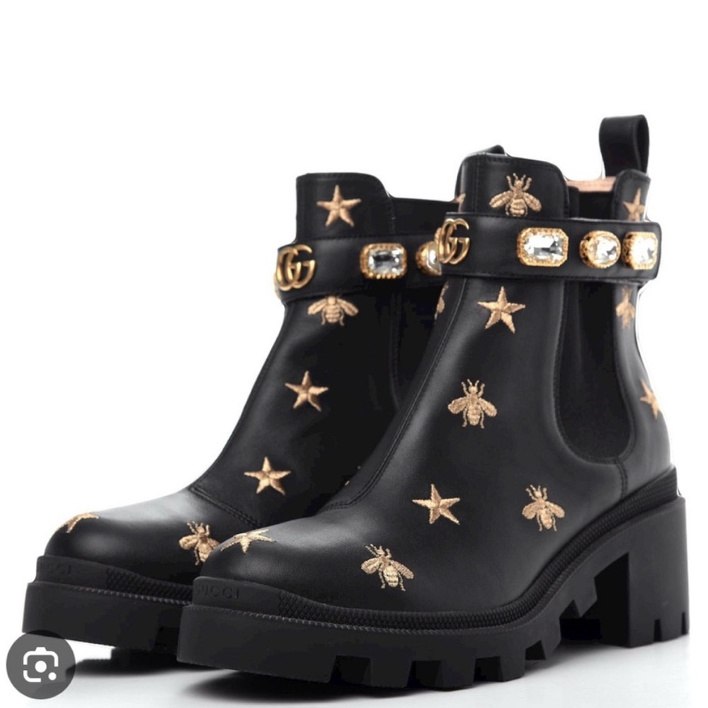 New Gucci Calfskin Embroidered Bee Star Ankle Boot Size 7 Black Gold